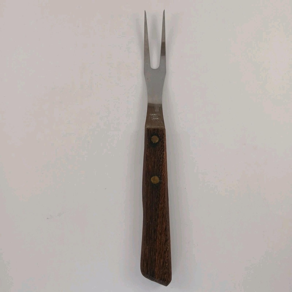 Vintage Serving Meat Carving Fork Wood Handle Stainless Steel Made In USA 9.5"